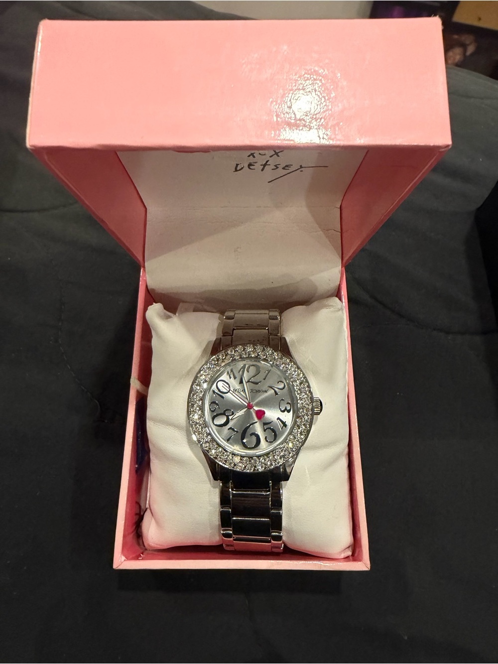 Betsey Johnson Silver-Tone Crystal Bezel Watch with Pink Seconds Hand